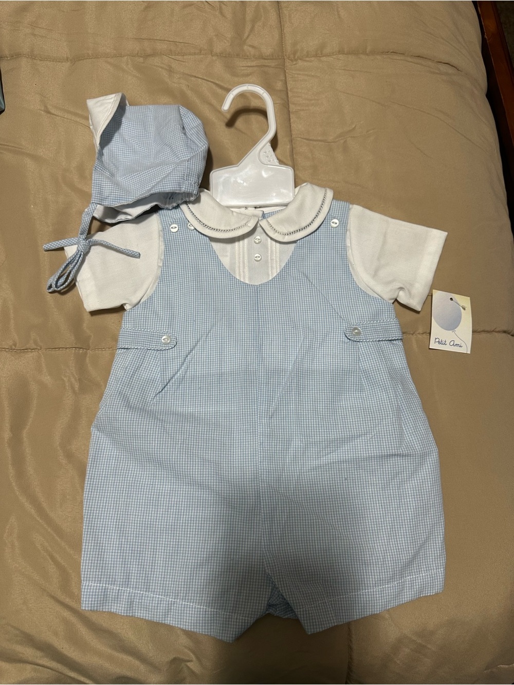 Petit Ami Light Blue Gingham Romper with Matching Bonnet